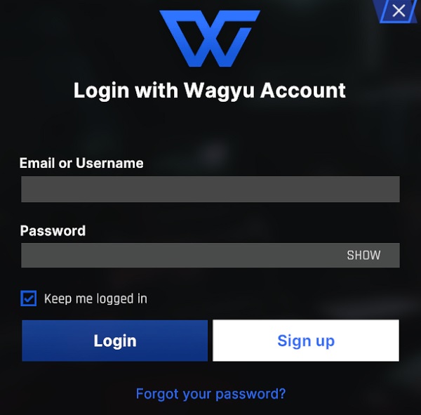 Wagyu Gamesのアカウントでログイン