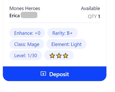 Monesのゲーム内にデポジットしたいNFTを選択し「Deposit」をクリック