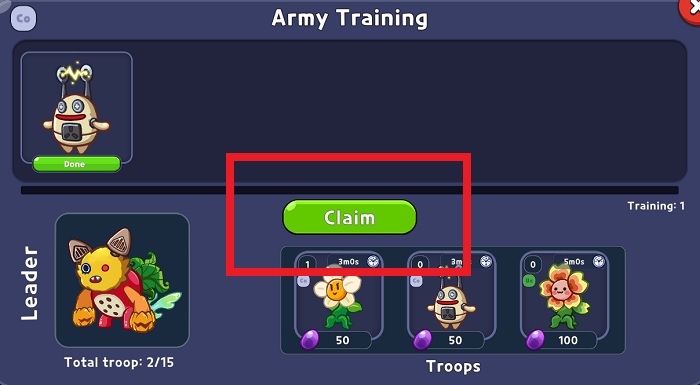 訓練済のTroopは、「Claim」ボタンで受け取り可能