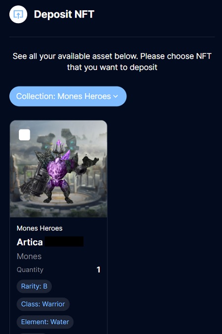 Monesのゲーム内にデポジットしたいヒーローNFTを選択