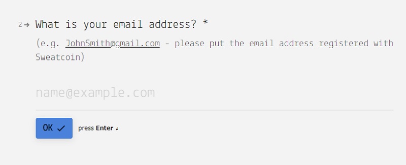 Sweatcoin（スウェットコイン）に登録してあるメールアドレスの入力