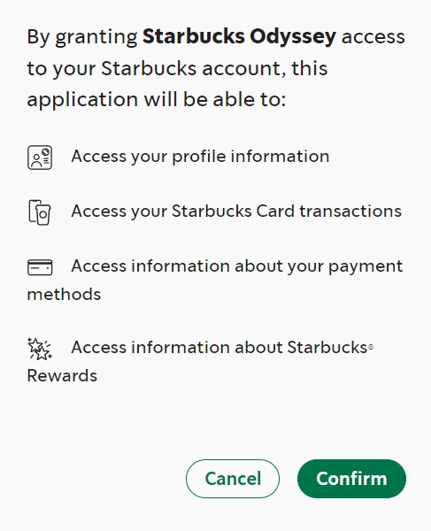 Starbucks Odyssey（スターバックス・オデッセイ）による情報へのアクセスを許可