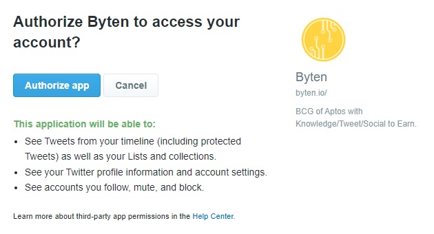 Byten（バイテン）に許可する内容の確認
