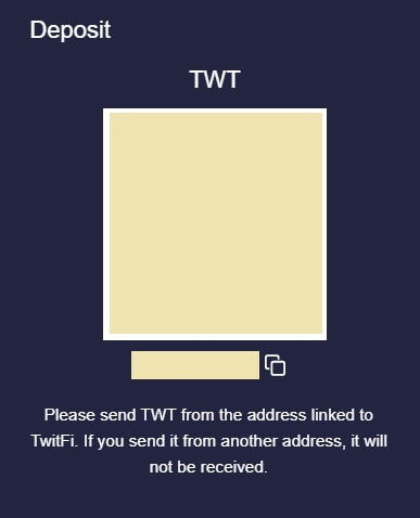 TwitFi（ツイートファイ）側の受け取り用ウォレットアドレスが表示される