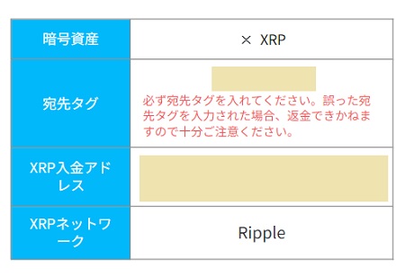 XRP（リップル）の宛先タグや、入金アドレスを確認