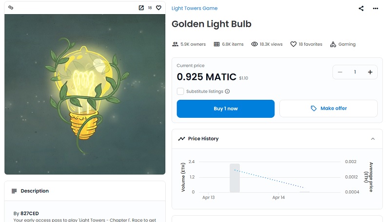 「金色の電球」（Golden Light Bulb）NFTは、オープンシーで購入できる