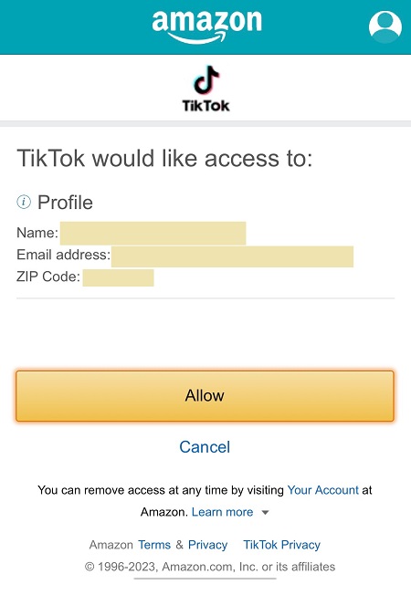 TikTok Liteによる、Amazonアカウントのプロフィール閲覧を許可