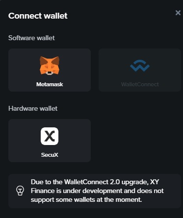 XY Financeとのコネクトに利用したいソフトウェア・ウォレットの選択
