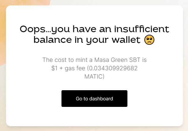 Masa（マサ）FinanceのGreenSBTのミントには、1ドル＋ガス代分程度のトークンが必要