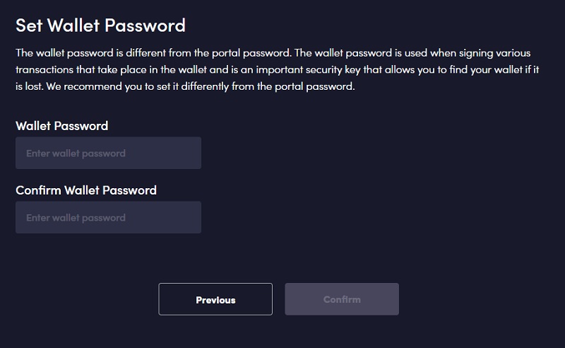 ウォレットのパスワードの設定