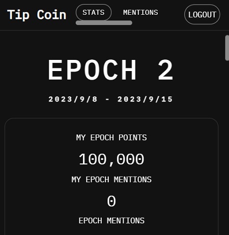 tipcoin（ティップコイン）のダッシュボードが表示される