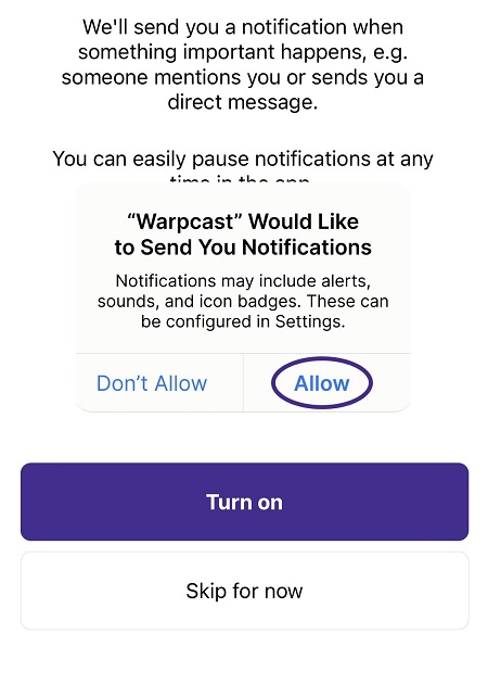 Warpcast（ワープキャスト）アプリからのプッシュ通知受信の許可・拒否設定