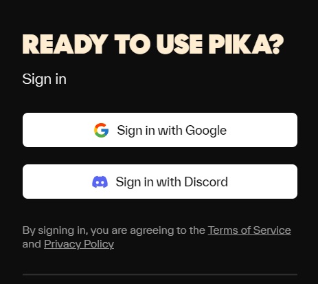 Pika labs（Pika 1.0）へのログイン方法の選択