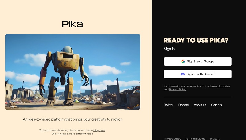 Pika labs（Pika 1.0）の公式サイトにアクセス