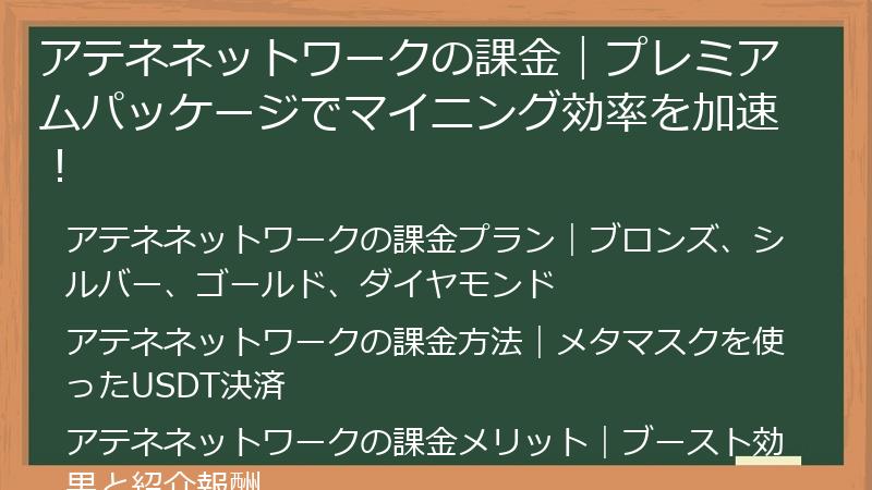 AtheneNetwork（アテナネットワーク）の課金方法｜プレミアムパッケージでマイニング効率を加速！