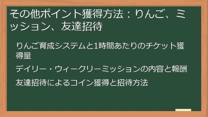 その他ポイント獲得方法：りんご、ミッション、友達招待