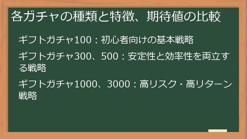 各ガチャの種類と特徴、期待値の比較