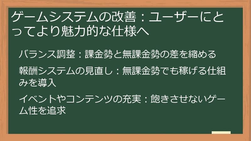 ゲームシステムの改善：ユーザーにとってより魅力的な仕様へ