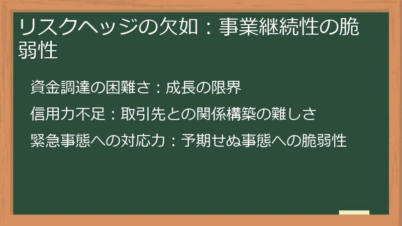 リスクヘッジの欠如：事業継続性の脆弱性