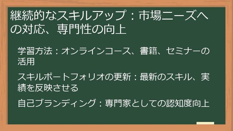 継続的なスキルアップ：市場ニーズへの対応、専門性の向上