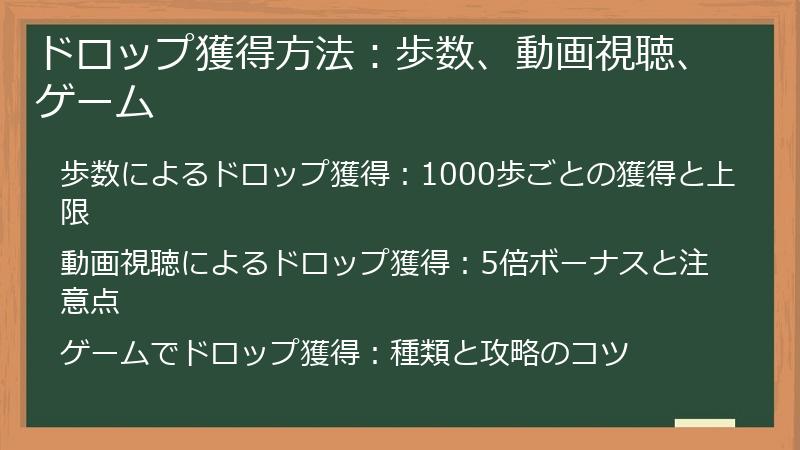 ドロップ獲得方法：歩数、動画視聴、ゲーム