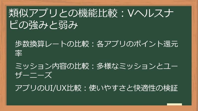類似アプリとの機能比較：Vヘルスナビの強みと弱み