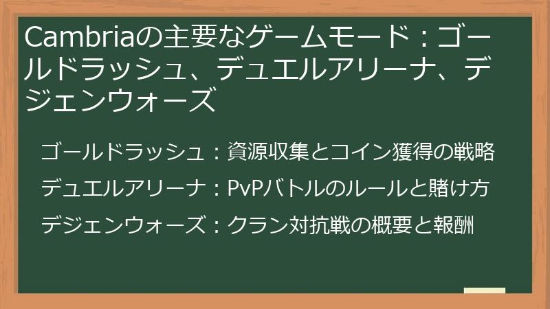 Cambriaの主要なゲームモード：ゴールドラッシュ、デュエルアリーナ、デジェンウォーズ