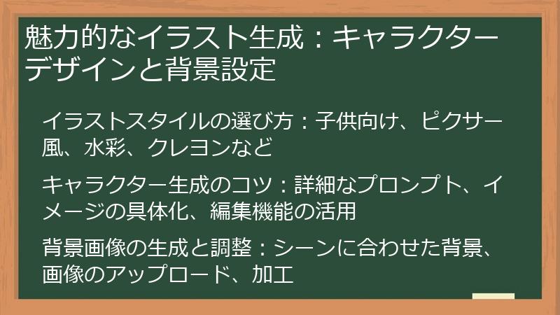 魅力的なイラスト生成：キャラクターデザインと背景設定