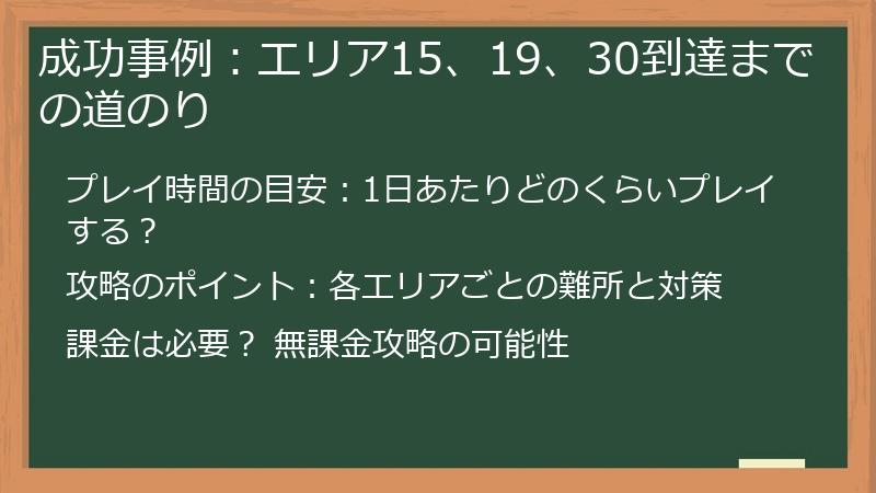 成功事例：エリア15、19、30到達までの道のり