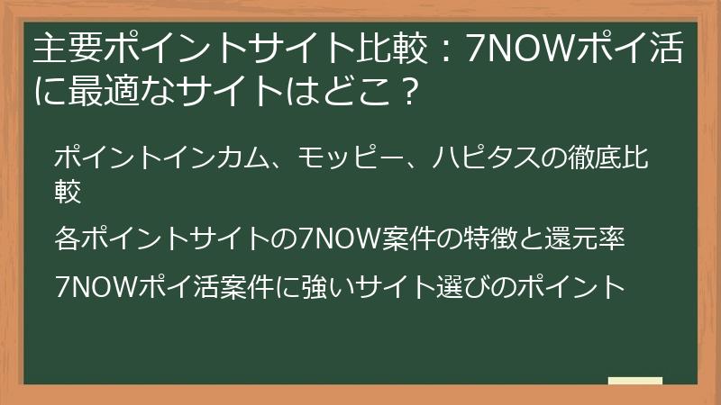 主要ポイントサイト比較：7NOWポイ活に最適なサイトはどこ？