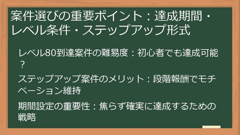案件選びの重要ポイント：達成期間・レベル条件・ステップアップ形式