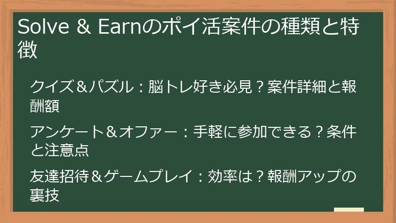 Solve & Earnのポイ活案件の種類と特徴