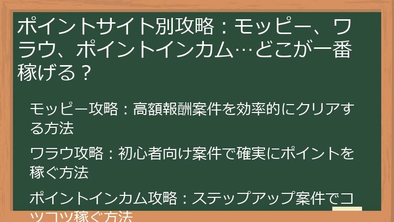 ポイントサイト別攻略：モッピー、ワラウ、ポイントインカム…どこが一番稼げる？