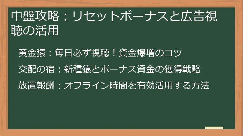 中盤攻略：リセットボーナスと広告視聴の活用