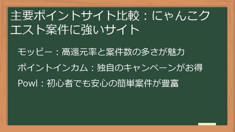 主要ポイントサイト比較：にゃんこクエスト案件に強いサイト