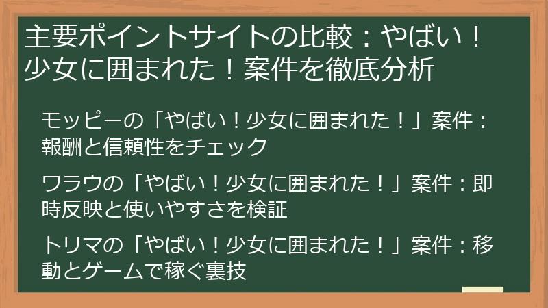 主要ポイントサイトの比較：やばい！少女に囲まれた！案件を徹底分析
