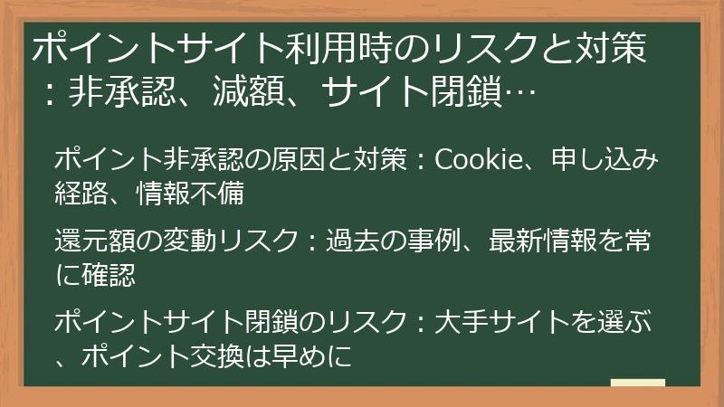 ポイントサイト利用時のリスクと対策：非承認、減額、サイト閉鎖…