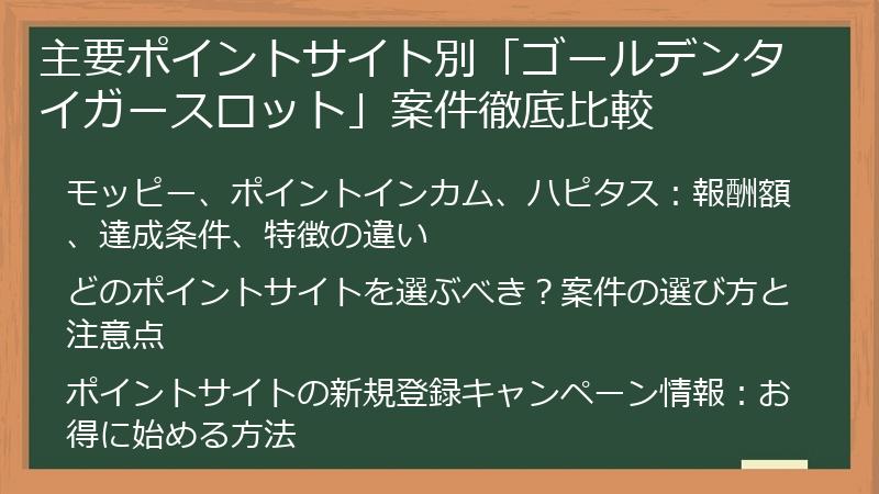 主要ポイントサイト別「ゴールデンタイガースロット」案件徹底比較