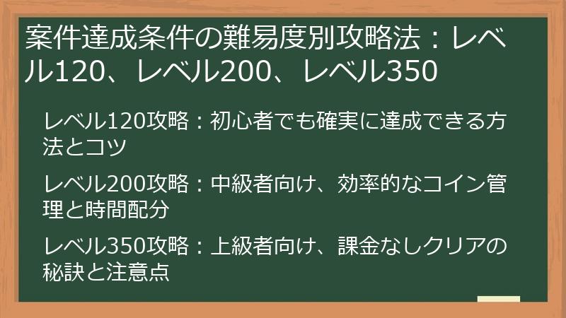 案件達成条件の難易度別攻略法：レベル120、レベル200、レベル350