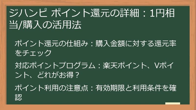 ジハンピ ポイント還元の詳細：1円相当/購入の活用法