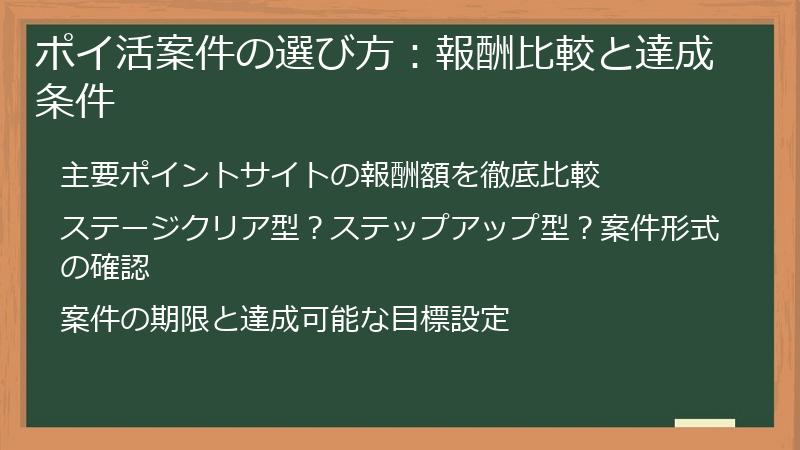 ポイ活案件の選び方：報酬比較と達成条件