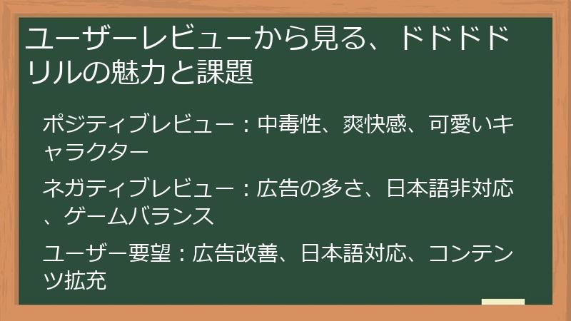ユーザーレビューから見る、ドドドドリルの魅力と課題
