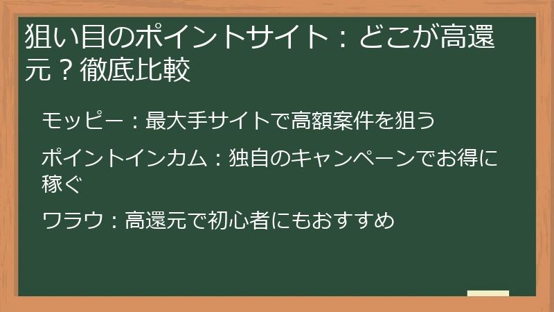 狙い目のポイントサイト：どこが高還元？徹底比較