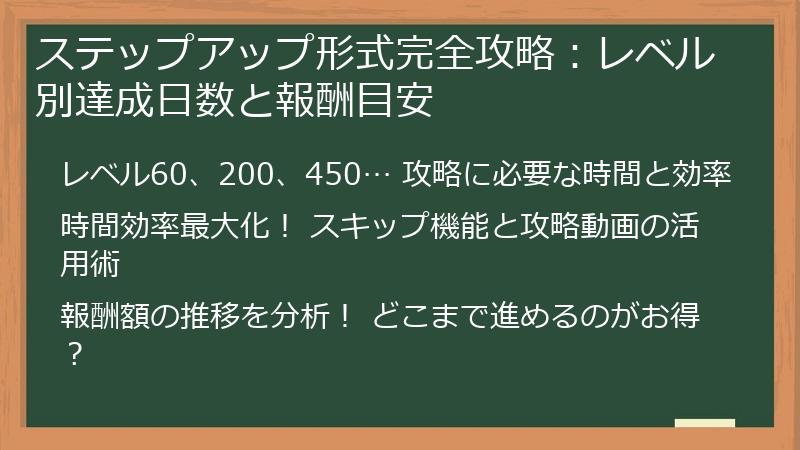 ステップアップ形式完全攻略：レベル別達成日数と報酬目安