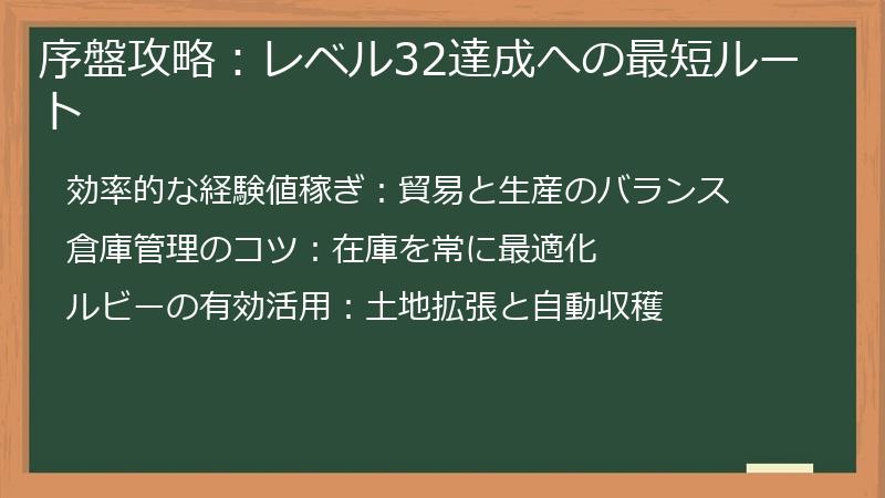 序盤攻略：レベル32達成への最短ルート