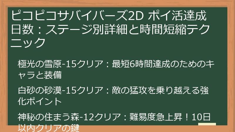 ピコピコサバイバーズ2D ポイ活達成日数：ステージ別詳細と時間短縮テクニック