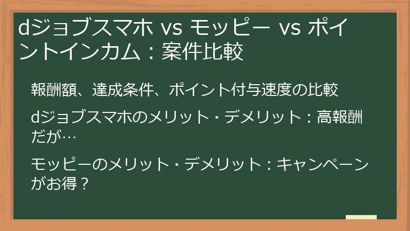 dジョブスマホ vs モッピー vs ポイントインカム：案件比較