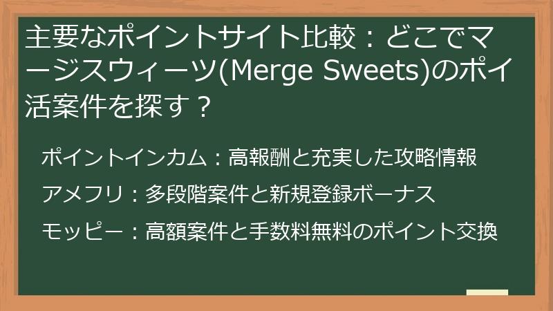 主要なポイントサイト比較：どこでマージスウィーツ(Merge Sweets)のポイ活案件を探す？