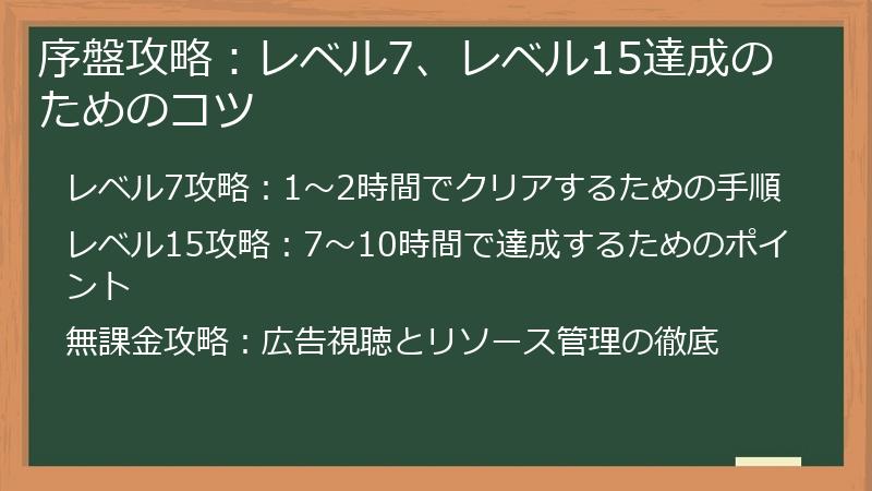 序盤攻略：レベル7、レベル15達成のためのコツ