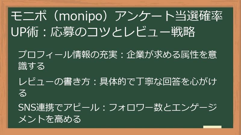 モニポ（monipo）アンケート当選確率UP術：応募のコツとレビュー戦略